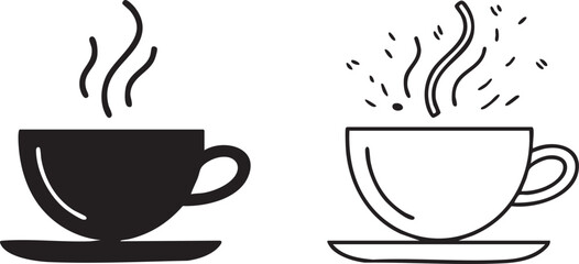 Flat Black White Coffee Cup Icon Set for Cafe and Menu Design