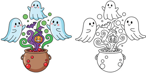 Adorable Halloween Cauldron with Friendly Ghosts, Spooky Bats, and Jack-o'-Lantern - Fun Cartoon Vector Illustration for Kids' Coloring Book