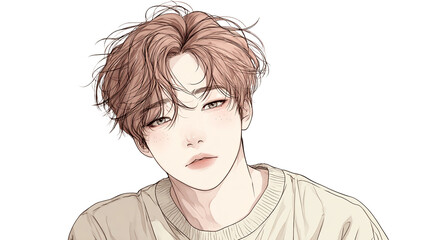 Elegant hand-drawn manga style male portrait illustration on transparent background