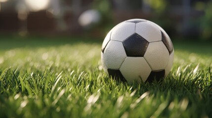 Fototapeta premium A classic black and white soccer ball resting on vibrant green grass, capturing the spirit of outdoor sports.