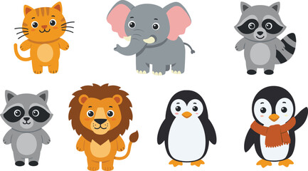 Cute cartoon animals collection, cat elephant raccoon lion and penguins, adorable wildlife characters for kids and nursery design, vector illustration