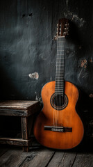 Beautiful of classic guitar is leaning against the  black wooden wall.