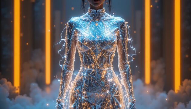 A futuristic woman stands amidst glowing pillars and clouds, adorned in a shimmering, interconnected network of light, embodying technological elegance