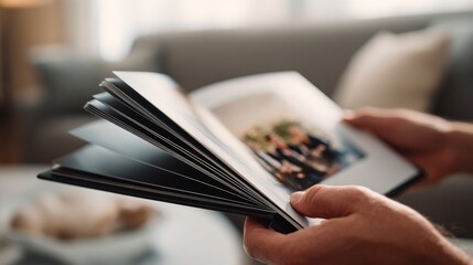 A close-up of a person flipping through a photo album, showcasing cherished memories in a cozy living room setting.