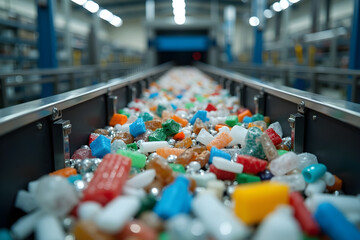 Obraz premium Sorting colorful plastic materials for recycling on conveyor belt