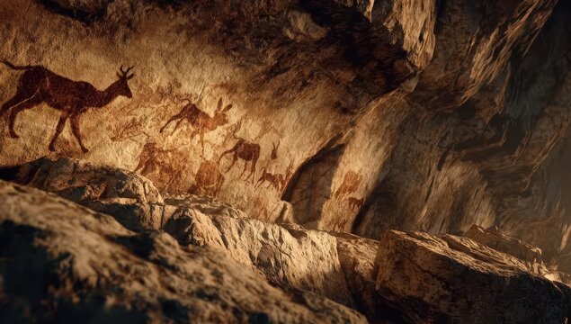 Ancient Cave Paintings of Deer and Other Animals on Rock Wall.