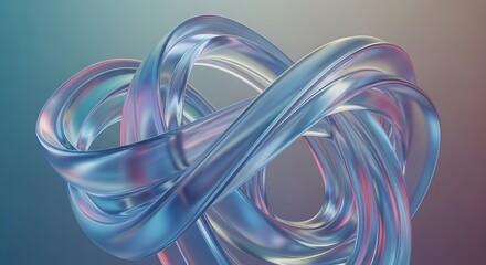 Iridescent, twisted glass sculpture with flowing, organic curves and a soft, gradient background