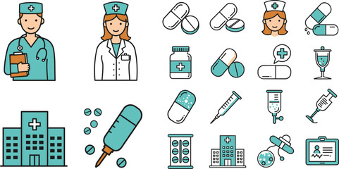  service equipment icons, , hospital building, pills, syringes, IV bags, pharmacy medicine, healthcare and medical service equipment icons, vector illustration