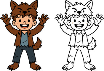 cartoon child dressed in werewolf halloween costume, colored and black outline version for coloring book
