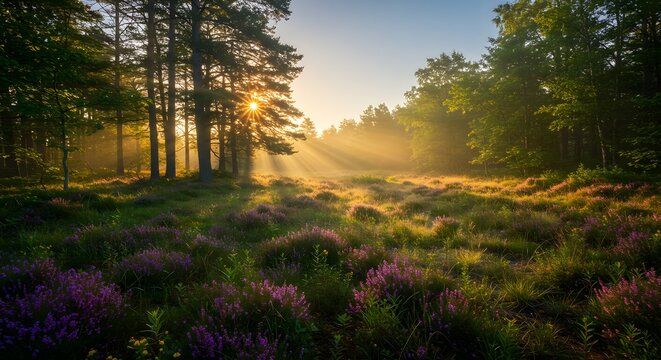 Sunrise in forest meadow with purple wildflowers golden light through pine trees peaceful nature scene with warm glow and vibrant colors
- Powered by Adobe