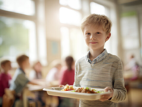 Encouraging Independence in Children: A Young Boy Proudly Holding His Lunch Tray, Embracing Responsibility and Confidence