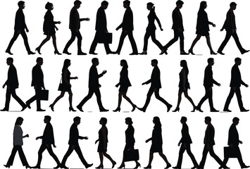 Business people walking silhouette set, urban commute graphic, professional attire icons, movement concept, corporate lifestyle illustration, vector design, black and white