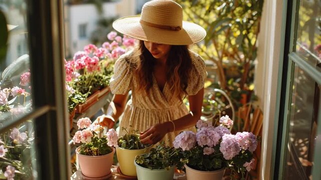 a young woman tending to pastel flower pots on a sunny balcony, wearing a straw hat