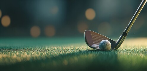 Golf Club About To Hit White Golf Ball On Green Grass Under Natural Light