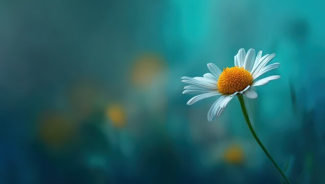 Single Daisy Flower Displaying Yellow Center And White Petals On Turquoise Blurred Background