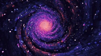 Digital artwork depicting a vibrant, swirling spiral galaxy composed of pixelated elements.