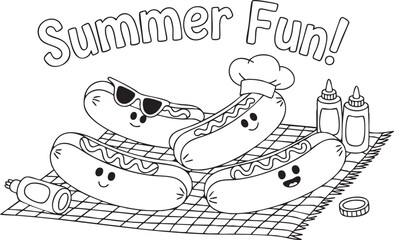Cute Hot Dog Mascot Illustration Black and White Coloring Page