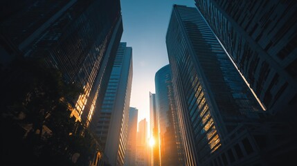 A breathtaking view of skyscrapers towering over a city street, bathed in warm golden light during sunset.