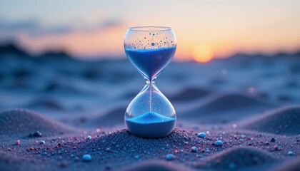 A mesmerizing hourglass stands gracefully on a sandy beach as the sun sets, symbolizing the fleeting nature of time and the beauty of the present moment