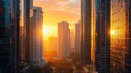 A stunning urban sunset illuminating a narrow city street, flanked by towering skyscrapers reflecting golden light.