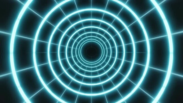 Dynamic neon blue digital tunnel with grid pattern accelerating into the future, perfect for tech and innovation concepts