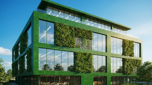 Modern green building showcases sustainable architecture with large glass windows and vertical gardens, emphasizing eco friendly design and innovative construction methods for vibrant future