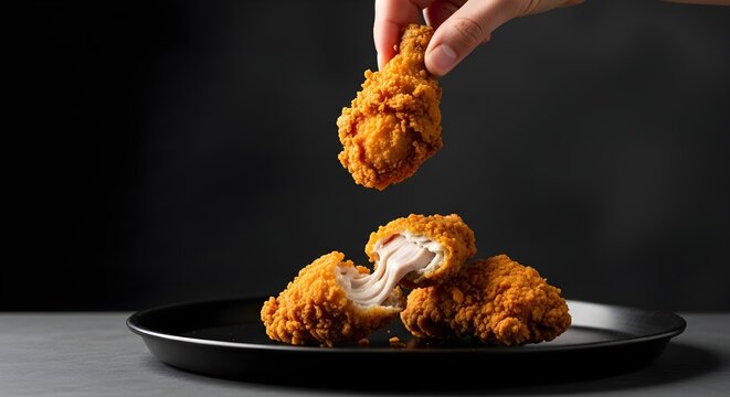 4k, Studio shot of a hand lifting a crispy fried chicken leg above a plate with split pieces against a dark background with cinematic lighting, conveying a savory mood.