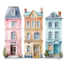 Watercolor illustration of three pastel-colored buildings (1)