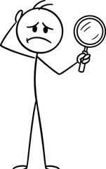 Confused stick figure, magnifying glass, searching for answers, cartoon character, problem-solving concept, black and white, vector icon, emotional expression, illustration