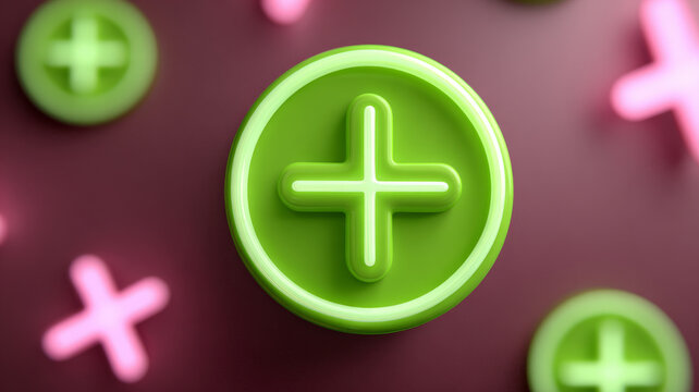 3D green plus signs floating on a maroon background