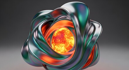 Sculptural metallic form with a fiery orange orb at its center, evoking power and creation