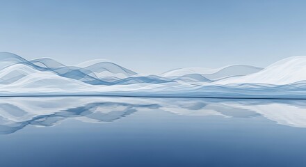 Serene abstract landscape of rolling blue hills reflected in calm water under a clear sky