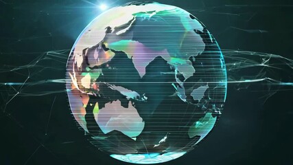 A futuristic and high-tech video of a glowing digital globe with a wireframe grid and abstract particles, creating a dynamic background for global technology or data-themed projects - Powered by Adobe