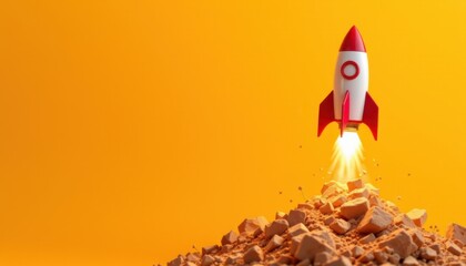 Rocket Launching on a Yellow Background New Project Creativity Big Idea Subject at the bottom Rose Gold Tones Under Su