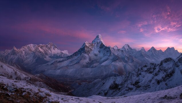 Snow-Capped Ama Dablam Peak in Himalayas Under Purple and Pink Hued Sky Panoramic View