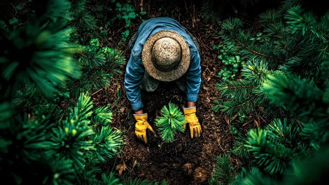 A gardener planting a young sapling in a lush forest, surrounded by vibrant greenery