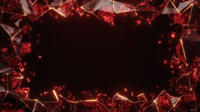 Dark frame Shattered ruby glass pieces with gold trim against black backdrop