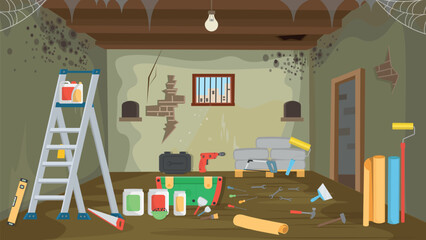 Poor house. Slums. Very dark room with mold on the walls. Village room interior with bed. table and wardrobe. Homeless people. Cartoon interior.