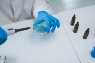 Scientist pipetting blue liquid into petri dish
