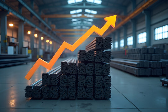 Metal bars forming a chart with an upward arrow in a factory setting - Powered by Adobe