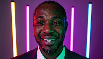 Adult expressing playful mischief one eyebrow raised neon practicals off frame creating colored edge glow vibrant studio portrait for lifestyle fashion and creative campaigns