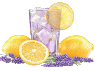 Purple drink with ice, lemons, and lavender on black background