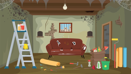 Repair. Tool room. Poor house. Slums. Very dark room with mold on the walls. Village room interior with bed. table and wardrobe. A cartoonish interior of a very old room with a sofa. Homeless people