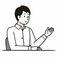 Cartoon Man Gesturing with Open Hand Wearing White Shirt Smiling.