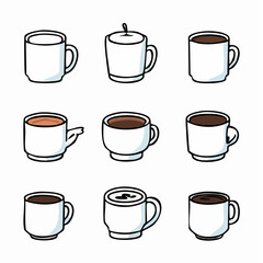 Collection of Cartoon Coffee Mugs with Various Colors and Outlines.