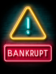 Neon bankrupt warning sign with exclamation mark on dark wall.