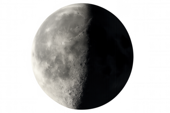 Moon in first quarter phase with visible craters and lunar surface texture, transparent composite