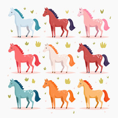 Colorful Cartoon Horses in Various Poses with Unique Mane and Tail Styles.