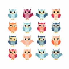 Colorful Cartoon Owls in Various Poses with Distinctive Wing Styles.