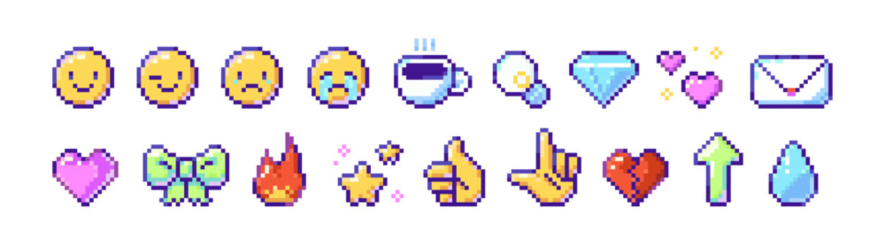 Set of pixel art icons. 8bit emojis: happy and crying emoticons, fire, hearts, letter and hand gestures. 8 bit elements of retro video games. Flat isolated vector illustrations on white background